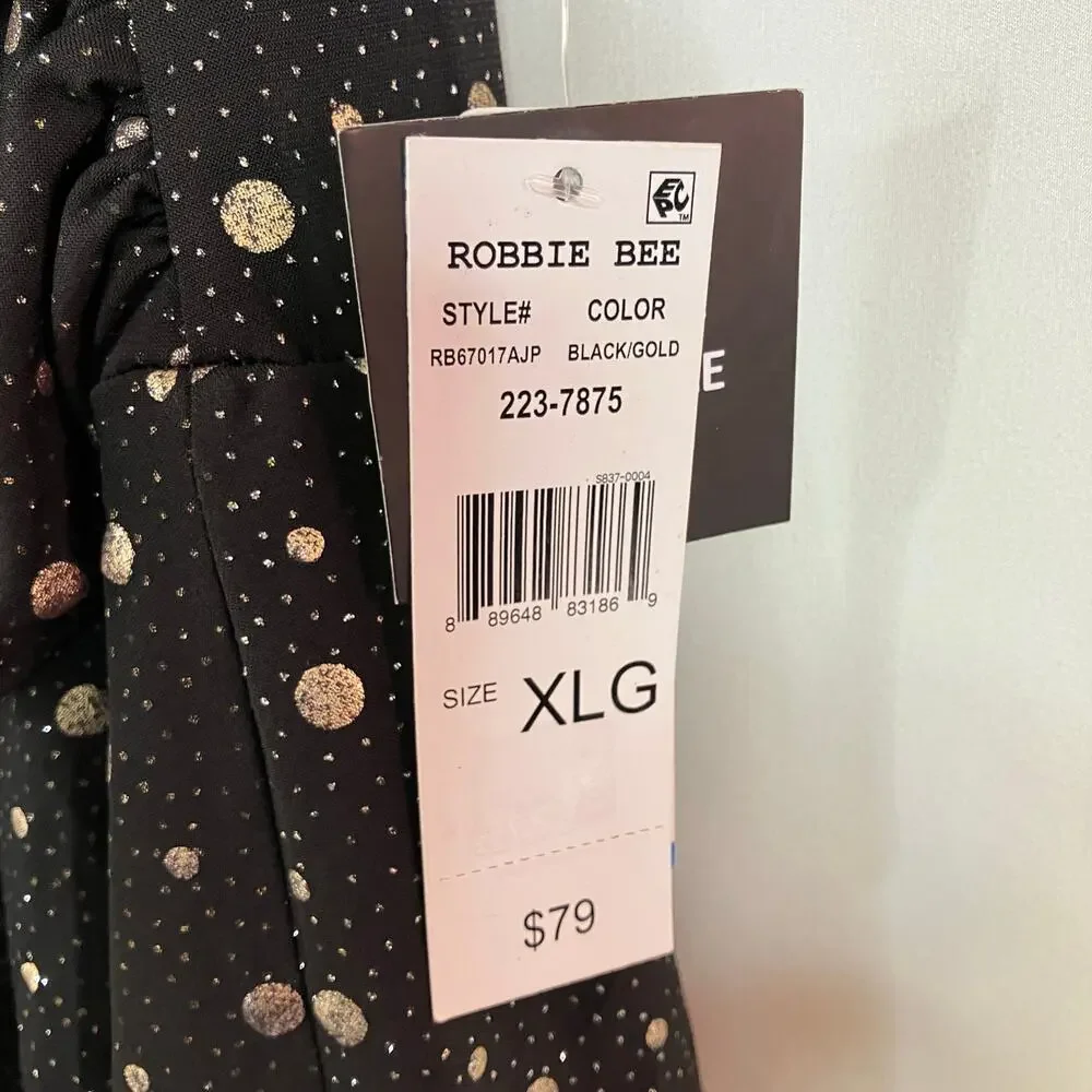 Robbie Bee | Black Gold Metallic Dot Layered Ruffle Dress NWT Womens XL - Picture 8 of 11